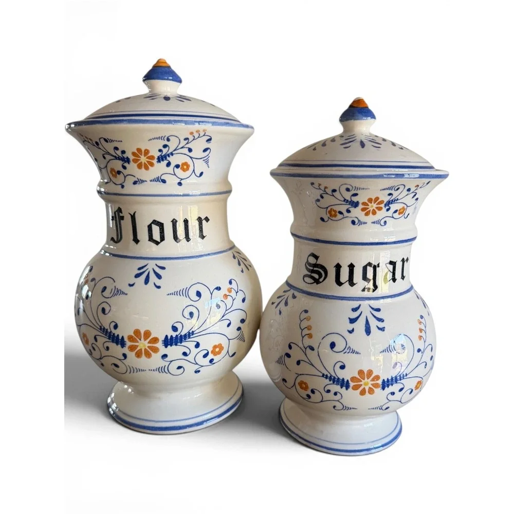 Blue Onion Style Canister Set White Blue Floral Hand Painted Flour Sugar Lids